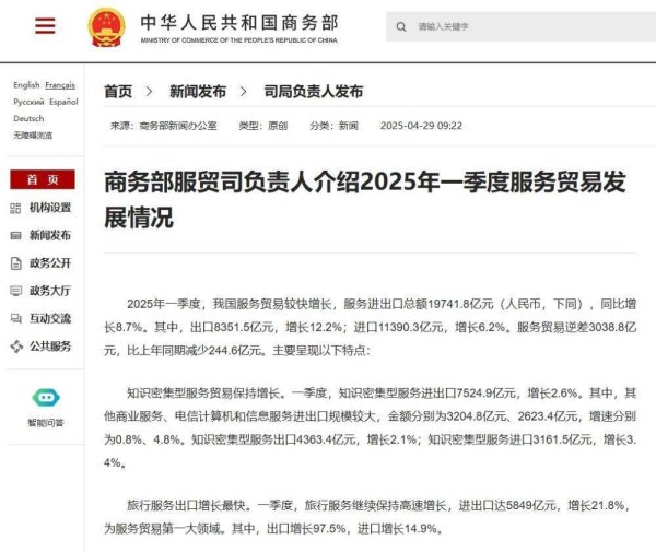 七星配资  2025年一季度我国服务进出口总额19741.8亿元，同比增长8.7%